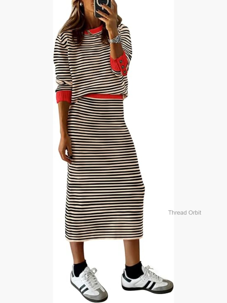 2 Piece Striped Sweater Skirt Set Women Knit Lounge Travel Outfits